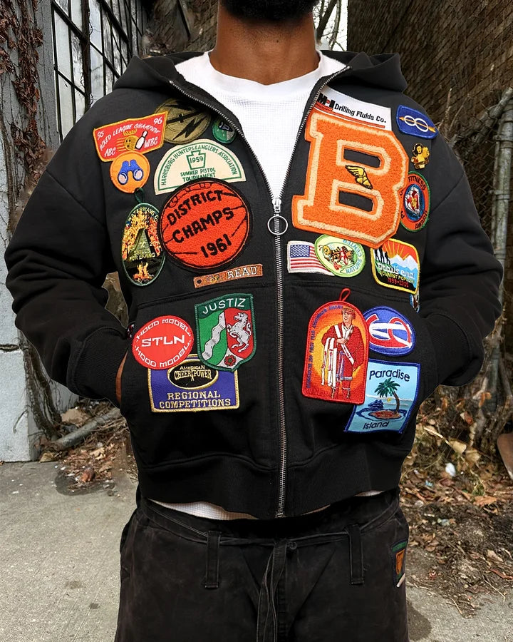 Casual Preppy Style Badge Zip-up Hoodie