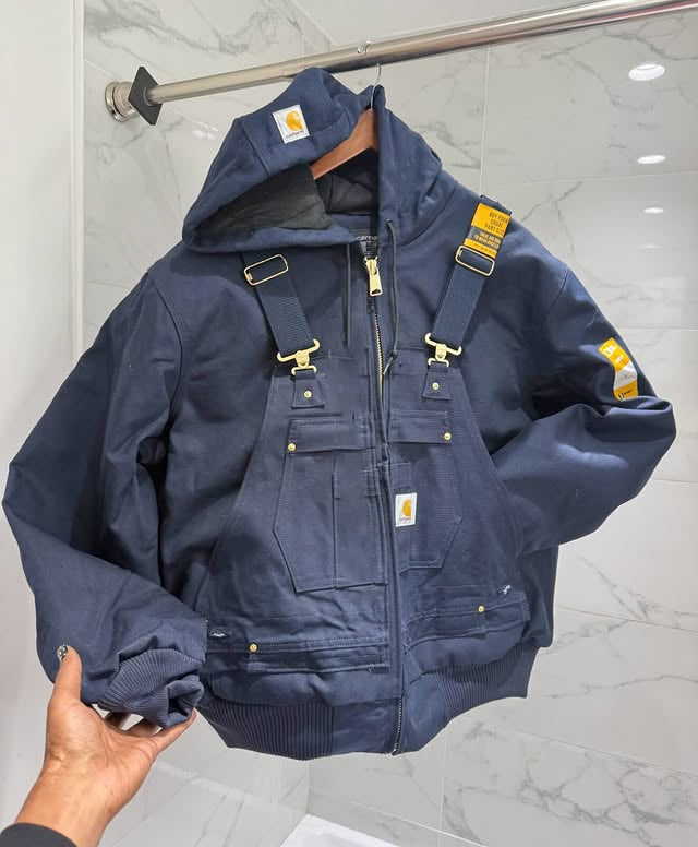 Workwear-Style Patchwork Hooded Jacket With Suspenders