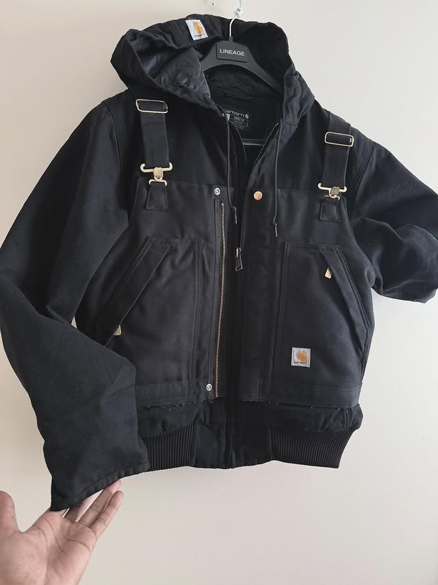 Workwear-Style Patchwork Hooded Jacket With Suspenders